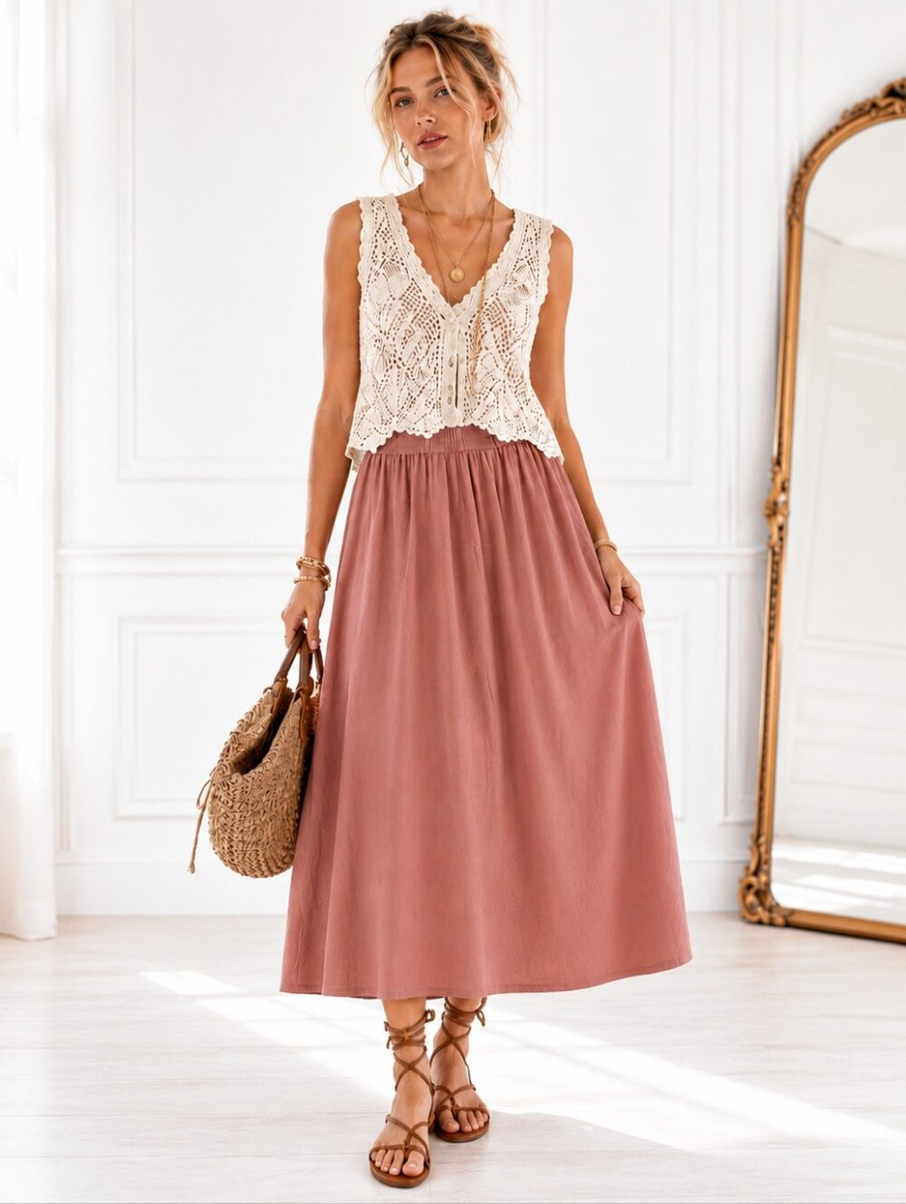 Color Me Cotton | Dusty Rose 100% Cotton Maxi Skirt | Size Small | Side Pockets
